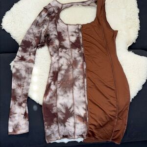 Brown and Tie-Dye One shoulder Cutout Dress